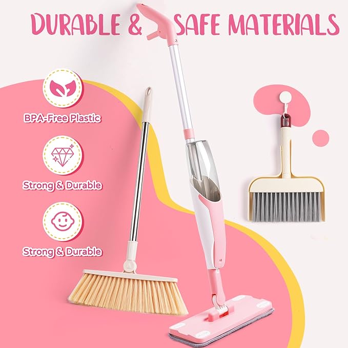 Kids Cleaning Toy Set,Pink Mini Spray Mop Montessori Toys Pretend Play Cleaning Tool for Toddlers with Spray Mop & Kids Broom Dustpan Set Cleaning Toys Gift for Toddlers Girls Boys Age 3+
