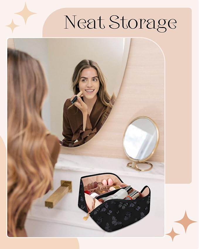 Bistup Makeup Bag Travel Cosmetic Bag Toiletry Make Up Bags Cute Women Large Capacity Big Medium Leather Butterfly Aesthetic Portable Teen Girl Teenage Foldable Expandable Compact Open Flat Zip