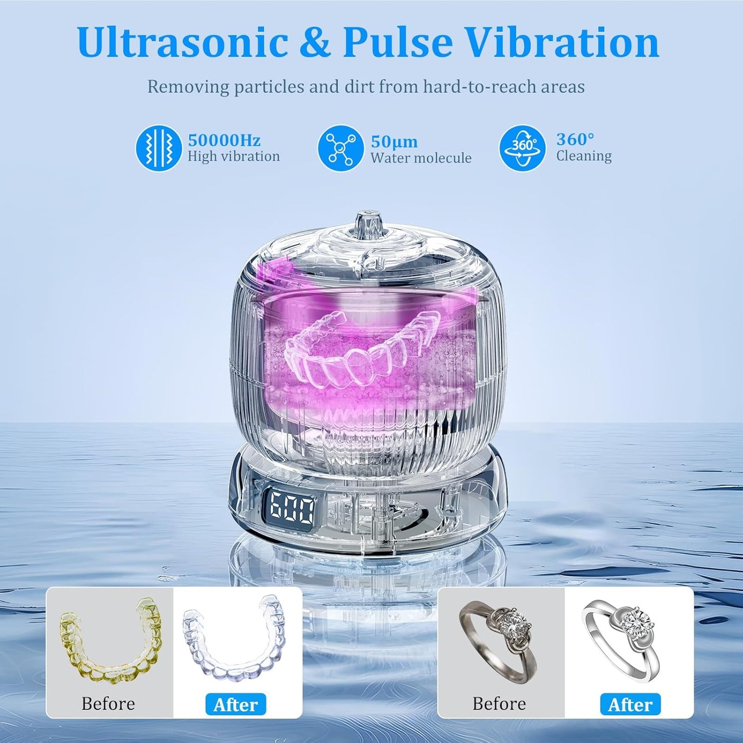 50kHz Ultrasonic Retainer Cleaner Machine for Travel & Home, Portable Denture Cleaner with Removable Base, 4 Modes Timer, Dental Cleaning Pod for Aligners, Braces, Mouth Guard, Jewelry, Toothbrush