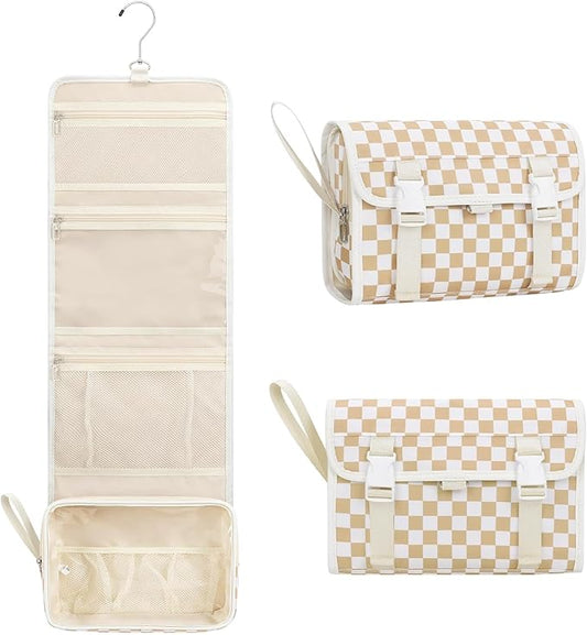 Relavel Hanging Toiletry Bag for Women, Hanging Makeup Organizer with Travel Size Toiletries, Portable Bathroom Travel Bag with Hook for Shaving Kit, Shampoo, Conditioner for Trip - Plaid