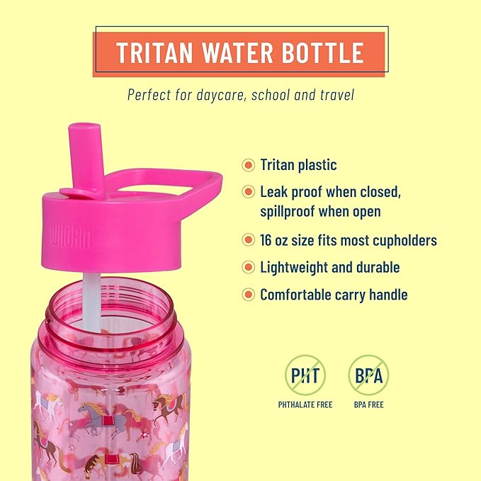Wildkin Kids 16 Oz Water Bottle – BPA-Free Tritan, Leak-Proof Lid, Durable & Easy to Clean - Horses