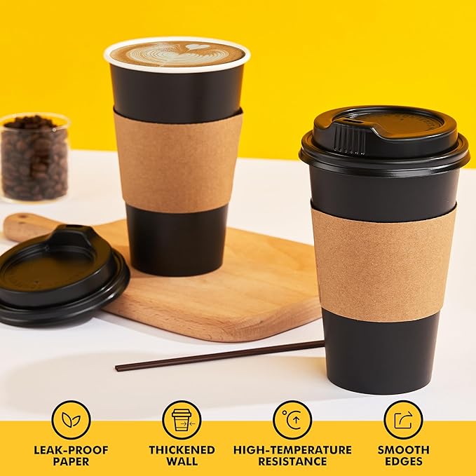 RACETOP 16 oz Paper Coffee Cups, 100 Pack Black Disposable Coffee Cups with Lids, Sleeves and Stirring Sticks, 16 oz Hot Coffee Cup for Hot Drinks, Parties, Picnic, Travel, and Events