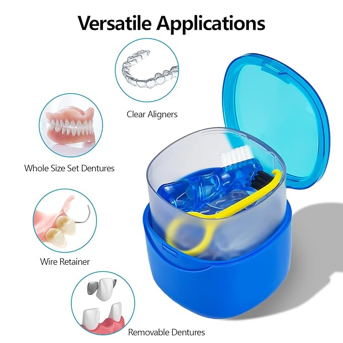 Denture Cleaning Case Dental Retainer Container Soaking Cup with Brush, Denture Storage Bath Box Case Cup Mouthguard Storage Holder Travel - Leak Proof with Lid Waterproof - Blue