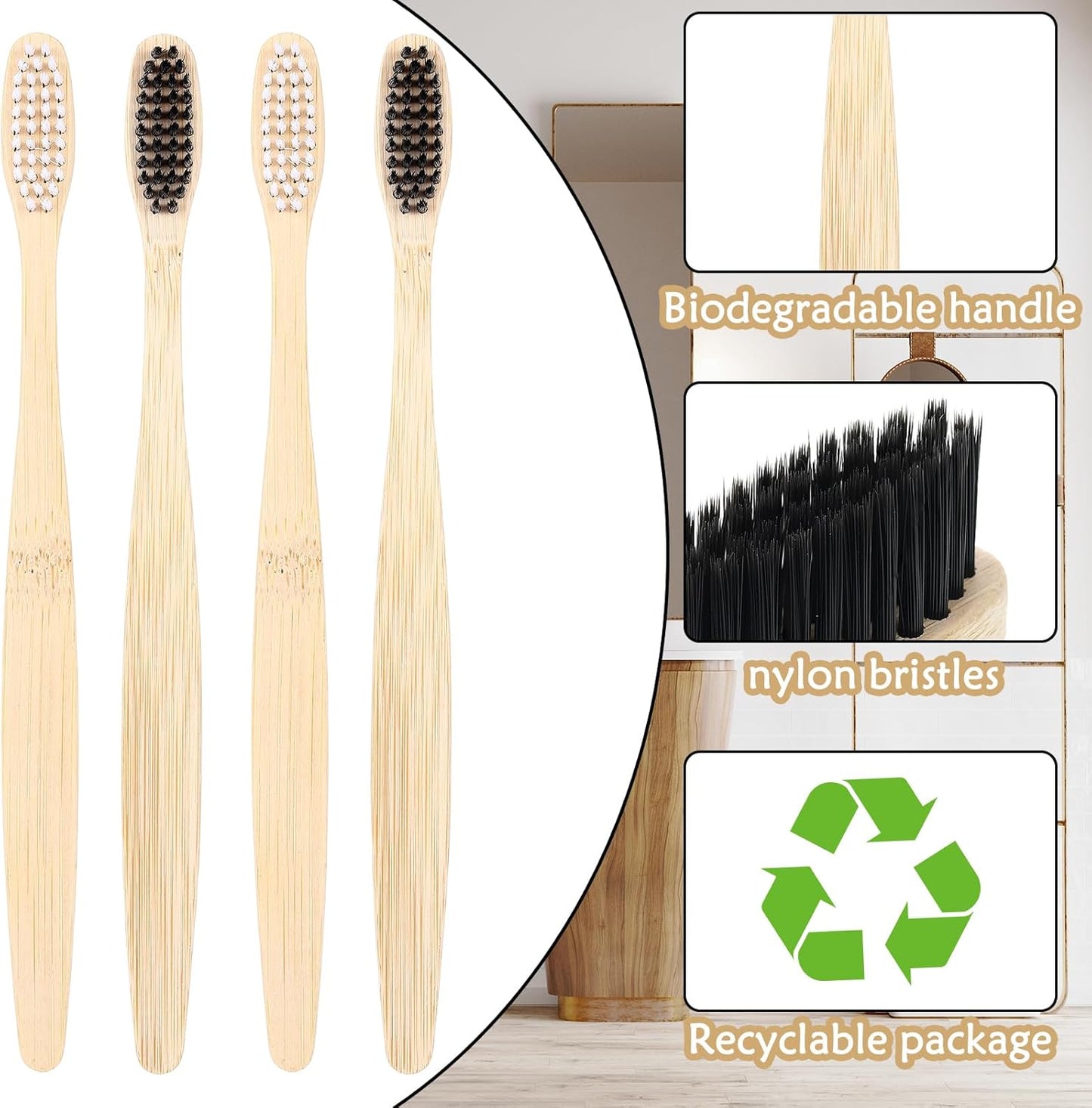 Vesici 200 Pieces Bamboo Toothbrushes Bulk Soft Bristles Toothbrushes with Micro Fur Ultra Wooden Bamboo Teeth Brushes Manual for Adults Travel Family Hotel Use Individually Packaged