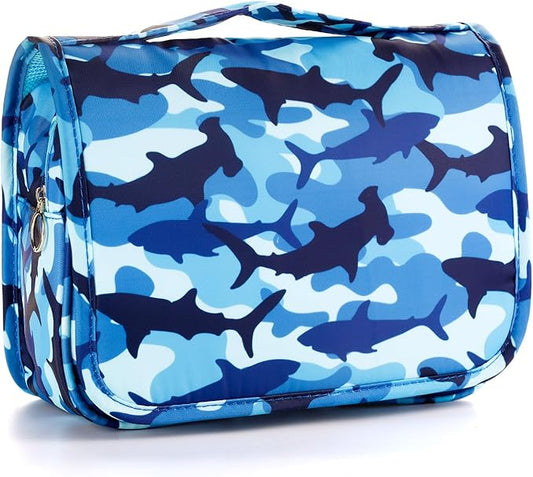 Kids Hanging Toiletry Bag for Boys, Travel Toiletry Bag for Little Young Boys Waterproof Wash Bag Toddler Traveling Toiletries, Shark Blue Camo