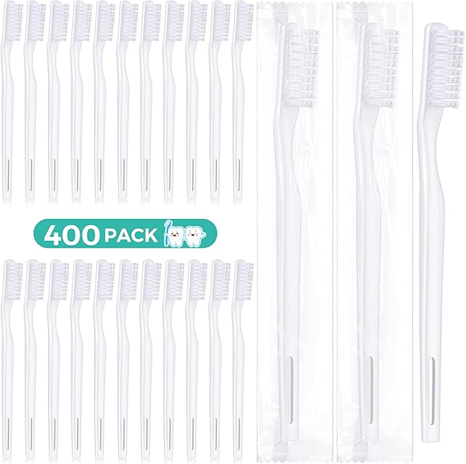 400 Pack Individually Wrapped Disposable Toothbrush Bulk Hard Bristle Adult Manual Tooth Brush Travel Toothbrushes Single Use Toothbrush for Homeless Women Men Hotels Guest Rooms, White