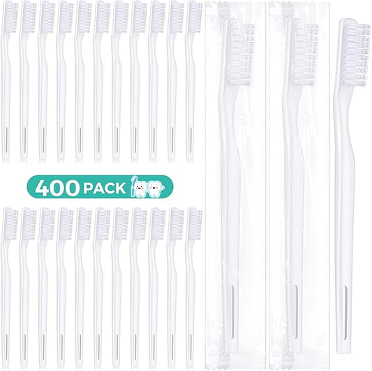400 Pack Individually Wrapped Disposable Toothbrush Bulk Hard Bristle Adult Manual Tooth Brush Travel Toothbrushes Single Use Toothbrush for Homeless Women Men Hotels Guest Rooms, White