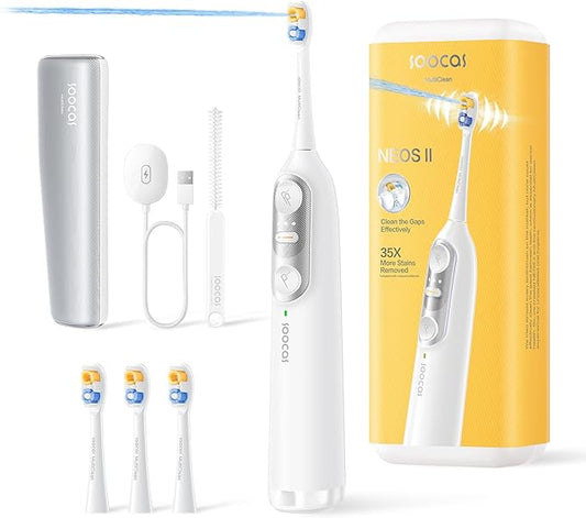 Soocas NEOS II Ultimate Set - Electric Toothbrush with Water Flosser, Sonic Electric Toothbrush for Adults, Portable for Travel, Deep Clean for Implants & Braces, Healthier Gums, Pearl White