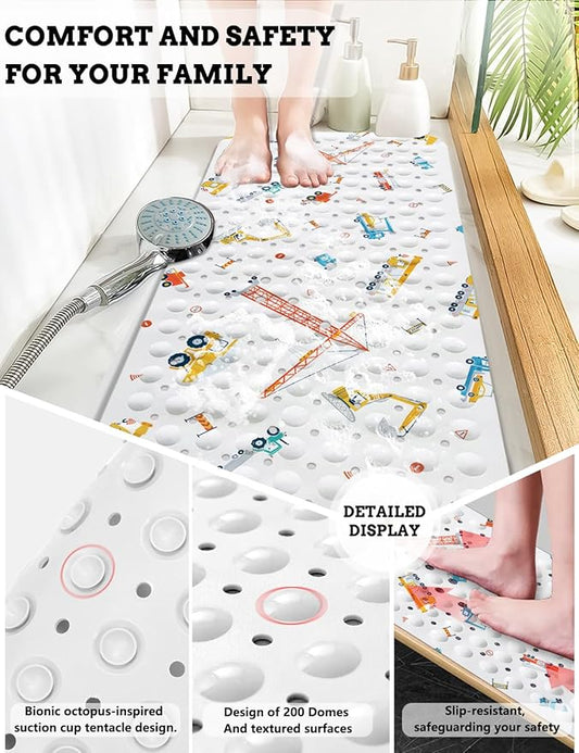 LNOND Baby Bath Mat Non Slip, Kids Bath Mat for Bathroom, Building Machine Shower Mat with Drain Holes and Suction Cups,40 X 16 Inch
