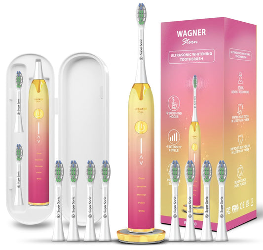 Wagner Stern Ultrasonic whitening Toothbrush with Pressure Sensor. 5 Brushing Modes and 4 Levels of Intensity, 8 Soft bristles, Travel case.