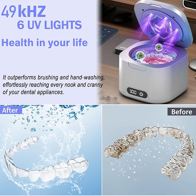 Ultrasonic Retainer Cleaner with UV, 300ML, 49kHz, Dental Cleaning Pod for Dentures, Aligners, Night Guards, Braces, Toothbrush Heads, Jewelry, Mouth Guard, 4 Modes with Digital Timer