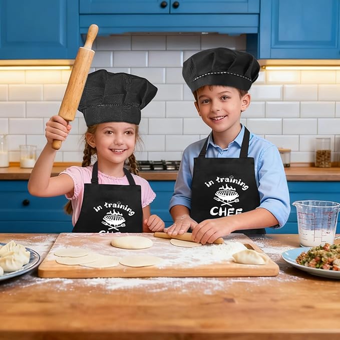 Kids Apron and Chef Hat Set, “CHEF in training” Funny Apron Adjustable Kitchen Apron Cooking Baking Painting with 2 Pockets for Boys and Girls