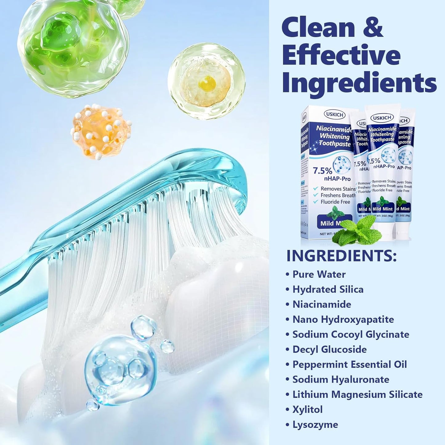 7.5% Nano-Hydroxyapatite Toothpaste,3 Pack Fresh Breath Whitening Toothpaste for Remineralizing Enamel & Sensitive Relief,Antiplaque,Natural Peppermint,Fluoride-Free