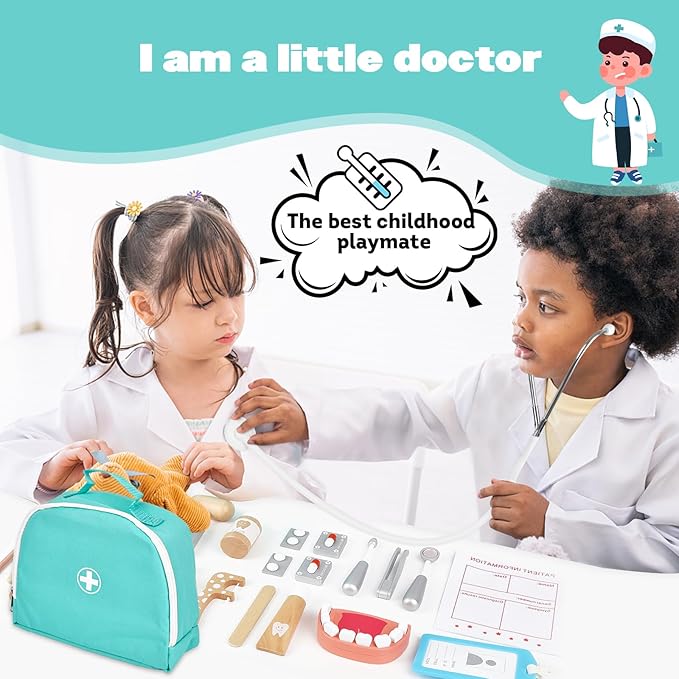Doctor Kit for Kids, Dentist Pretend Play Educational Doctor Toy Set, 25Pcs Wooden Medical Kit with Stethoscope & Bag & Pretend Teeth & Doctor Toys, Role Play Toys for Girls and Boys 3-8 Years Old