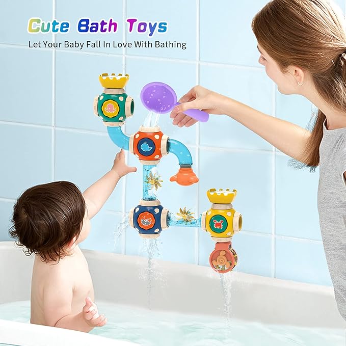 Bath Toys, STEM Baby Bathtub Toy with DIY Pipe Tubes, Cubes,Spoon, Lovely Cute Bathroom Time Spray Waterfall Shower Toy, Suitable for Toddlers Boys Girls 3 Years and up