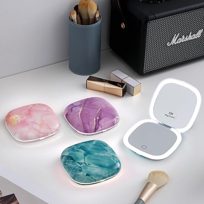 Mocado Compact LED Travel Makeup Mirror - 4 Inches 1X/10X Magnification Travel Mirror with Light Dimmable Double Sides Lighted USB Rechargeable Compact Mirror for Purse,Pocket,Travel(Purple Marble)