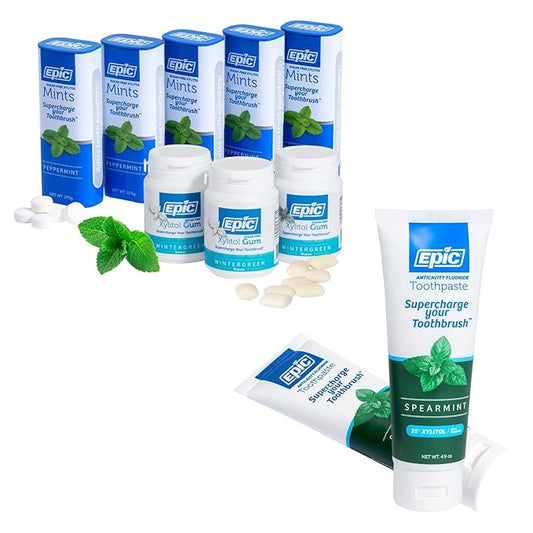 Epic Dental Sugar Free Oral Care Set – 150-Piece Wintergreen Gum, 275 Peppermint Mints, 2 Tubes Spearmint Fluoride Toothpaste – Aspartame Free, Dentist Approved, Helps with Dry Mouth & Cavity Care