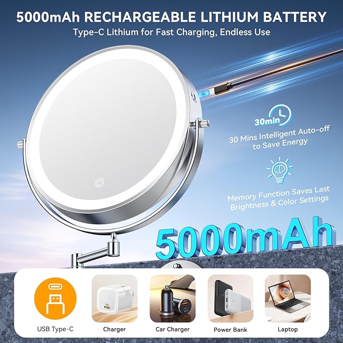 10'' 30X/1X Wall Mounted Lighted Makeup Mirror, 5000mAh Rechargeable Double-Sided Magnifying Mirror with Light, LED Vanity Mirror Touch Dimmable 3 Colors 360° Rotation Extended Foldable Arm, Chrome