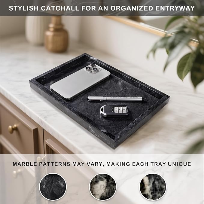 Marble Bathroom Tray for Countertop & Home Decor, Natural Decorative Marble Tray for Jewelry & Perfume Organizer, Luxury Stone Vanity Trays for Dresser, Kitchen Counter, 12" x 8", Gray Black