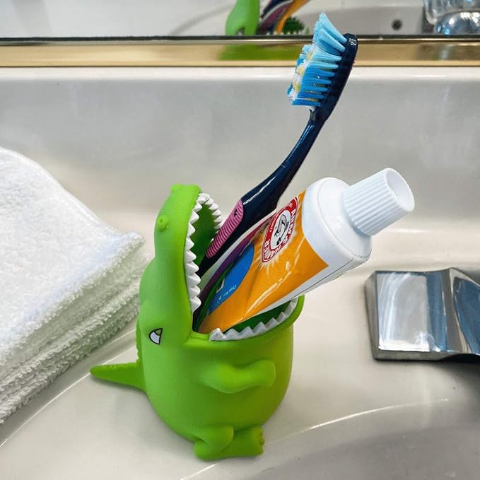 Kids Toothbrush Holder Toothbrush Organizer – Durable Silicone Animal Tooth Brush Holder – Easy to Clean Toothbrush and Toothpaste Holder – Toothbrush Holders for Bathrooms by Lily’s Home (Crocodile)