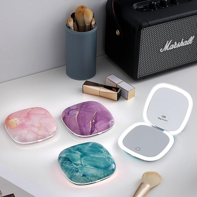 Mocado Compact LED Travel Makeup Mirror - 4 Inches 1X/10X Magnification Travel Mirror with Light Dimmable Double Sides Lighted USB Rechargeable Compact Mirror for Purse,Pocket,Travel(Green Marble)