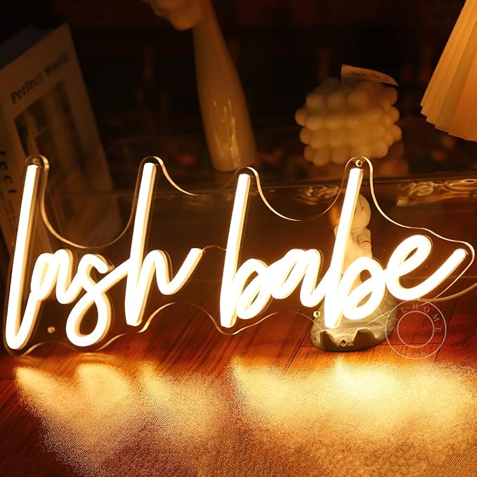 SYLHOME Lash Babe Neon Light Sign Lashes Beauty Salon Gorgeous Lady Girls Bedroom Wall Decor Sign Eyelash for Party Birthday Decoration USB 5V 15.8"X6.5" Warm White