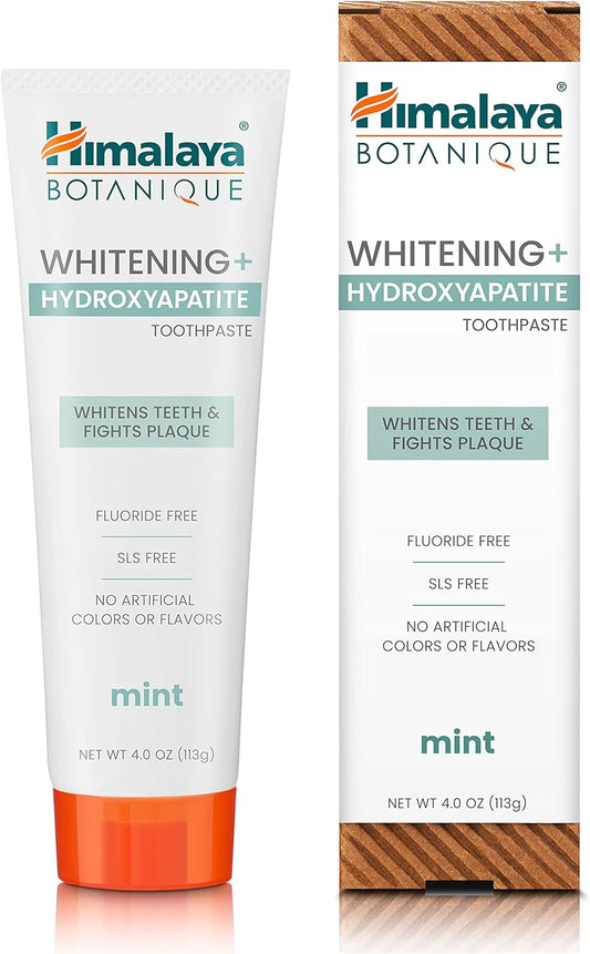 Himalaya Botanique Whitening + Hydroxyapatite Toothpaste, Mint Flavor - Nano Hydroxyapatite to Support Remineralization and Restore Enamel to Strengthen Teeth - Vegan, Gluten Free, 4 oz (Pack of 4)
