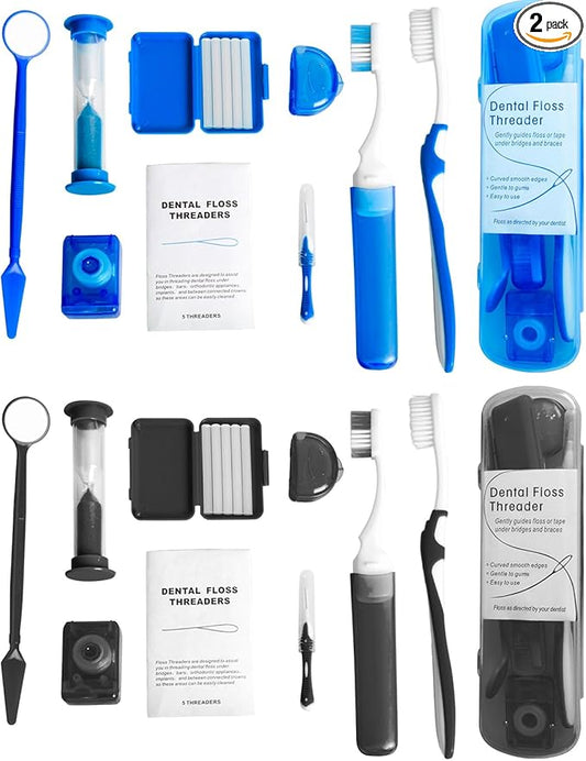 Wenge Portable Orthodontic Oral Care Kit - 2Pack - Travel Kit for Patients, Interdental Brushing Wax Floss Toothbrush Cleaning (Blue_Black)