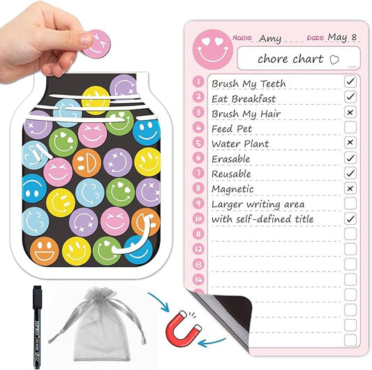 JJPRO Magnetic Daily Checklist for Kids with Smiley Faces Reward Jar- 10" x5.5“ Home Chore Chart for Fridge,Daily to Do List Board for Toddlers,Magnetic Reward Jar Positive Behavior Training -Pink