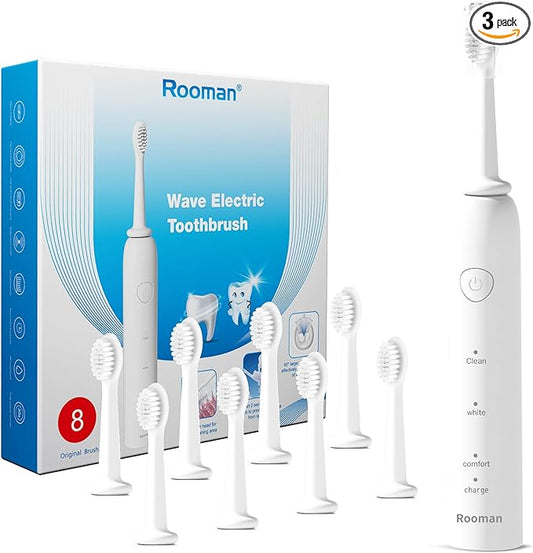 Rooman Oscillation&Vibration Sonic Electric Toothbrush for Adults, with 8 Brush Heads for Travel & Teeth Care, 20000 VPM, 3 Cleaning Modes, 2-Minute Timer, IPX7 Waterproof (White)