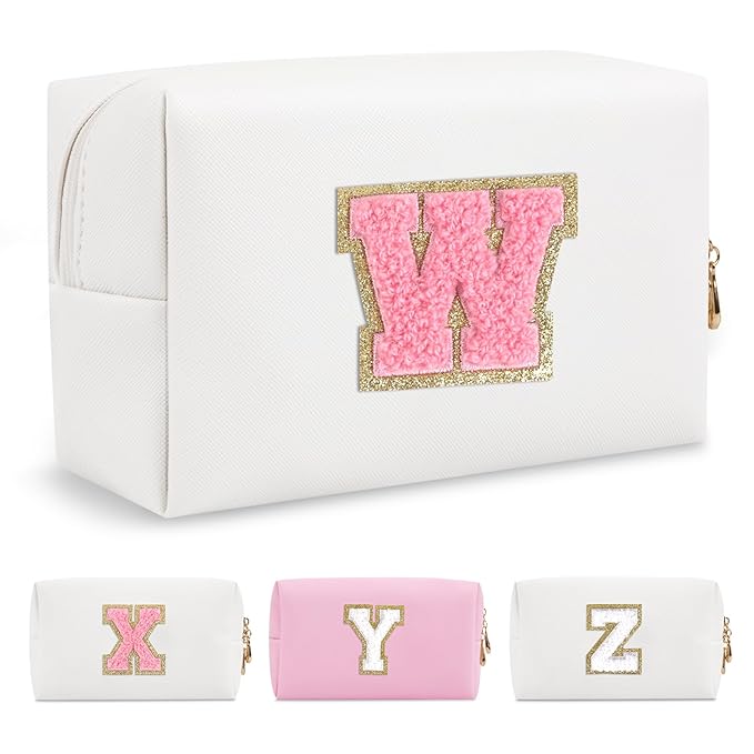 Personalized Makeup Bag Initial A-Z Preppy Patch Bag,Small PU Leather Travel Cosmetic Bag Pouch with Zipper,White Cute Toiletry Bag,Gift Ideal for Teen Girls Women Birthday Friend Mom,Letter W