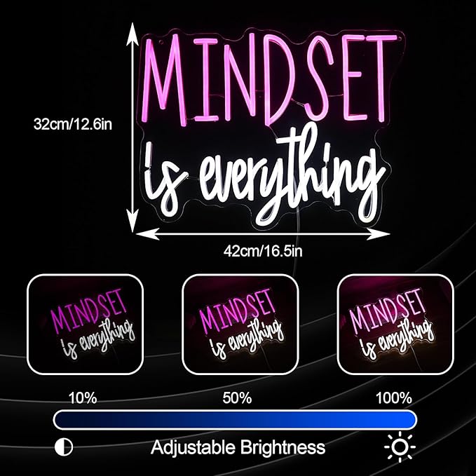 Mindset is Everything Neon Sign Dimmable Inspirational LED Light Up Sign for Wall Decor USB Powered Positive Quotes Motivational Neon Light for Office School Home Led Decor (Pink White)
