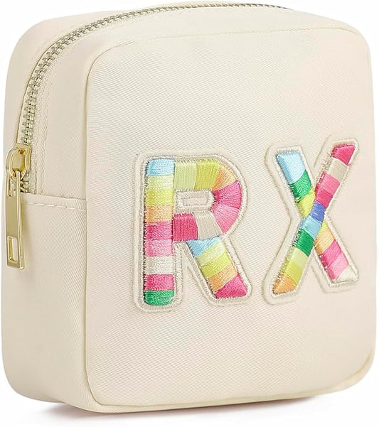 Small Nylon Rx Medicine Bag, Cute Waterproof Chenille Letter Patch Drug Makeup Bag with Metal Zipper, Pill Bag for Purse, Mini Travel First Aid Purse Organizer Machine Washable (08Beige RX)