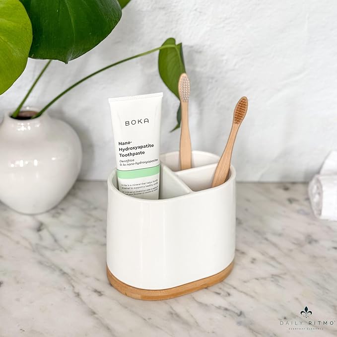 DAILY RITMO® Large Toothbrush Holder for Bathrooms with Bamboo Base | Modern 3 Slots Compartment White Ceramic Marble Like Toothpaste Cup for Electric and Kids Tooth Brushes