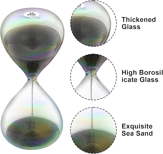Hourglass 30 Minute Sand Timer with 7 Colored Glass & Black Sand Clock, Sand Watch 30 Min,Reloj de Arena 30 Minutos for Home,Desk,Office Decorative