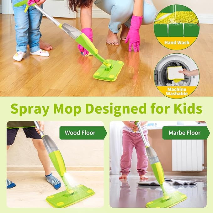 Kids Spray Mop,Toddler Mop Cleaning Set, Real Working Mini Mop & Kids Broom Dustpan Set, Housekeeping Pretend Play Toy, Montessori Kid Cleaning Toy Set Includes Organizer Clip -Green