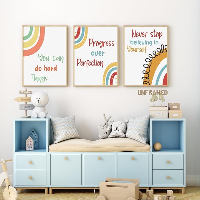 YOUHONG 3 Pieces Motivational Wall Decor Inspirational Posters Motivational Art Quotes & Play Room Wall Decor Frameless Kids Classroom Toddler Educational Posters for Classroom (12" W x 16" H x3)