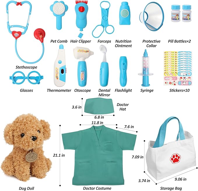 Liberry Doctor Kit for Toddlers 3 4 5 6 Years Old, 28 Pcs Kids Doctor Playset with Dog Toy, Stethoscope and Dress Up Costume, Pretend Play Medical Gift for Boys Girls (Blue)
