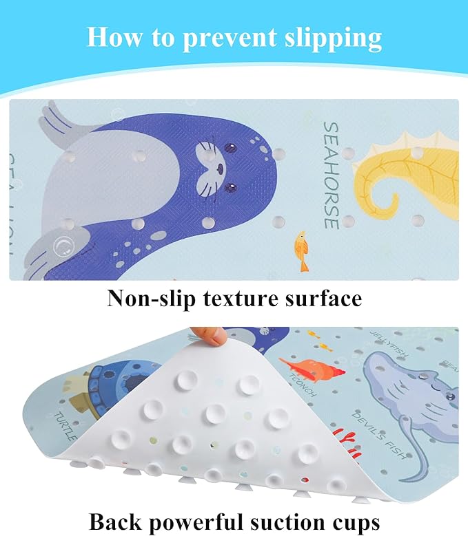Bath Mat for Tub Non Slip, Machine Washable Anti-Slip Cartoon Baby Bathtub Shower Mat with Drain Holes and Suction Cups for Toddler & Kids, 40 Inch x 16 Inch, Blue Sea Animals