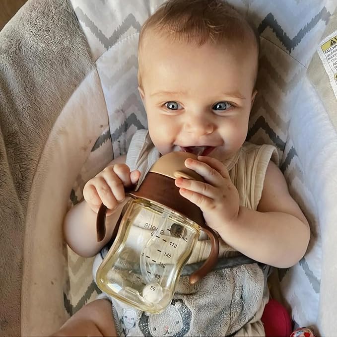 Evorie Tritan Weighted Straw Sippy Cup with Handles for Baby and Toddlers, Spill Proof Baby Water Bottle with Straw for 6 months and up, 7 Oz, Infant Training Water Bottle (Brown)