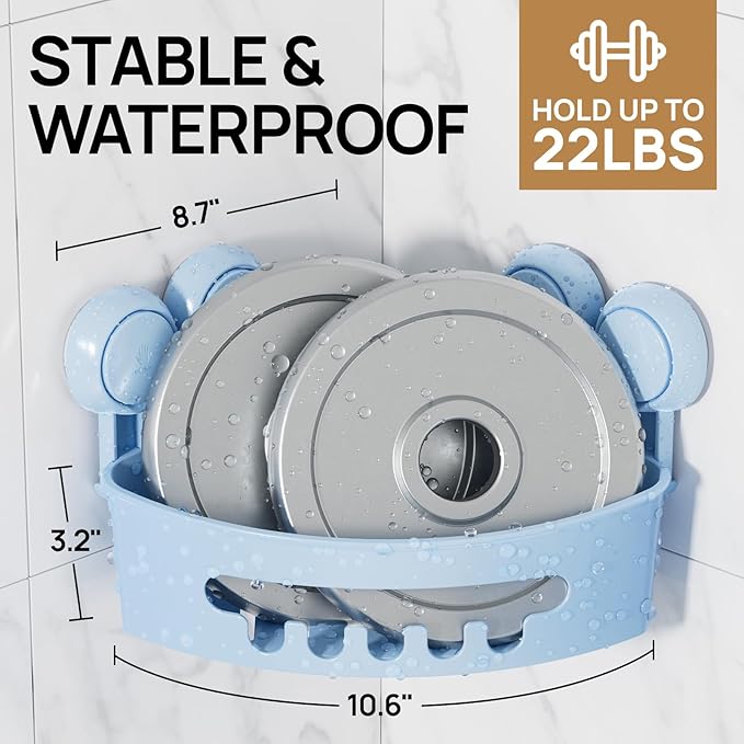 LEVERLOC Powerful Suction Bathroom Shower Shelf, Waterproof and Rustproof Organizer for Bathroom Storage and Kitchen, No-Drilling Removable, Blue