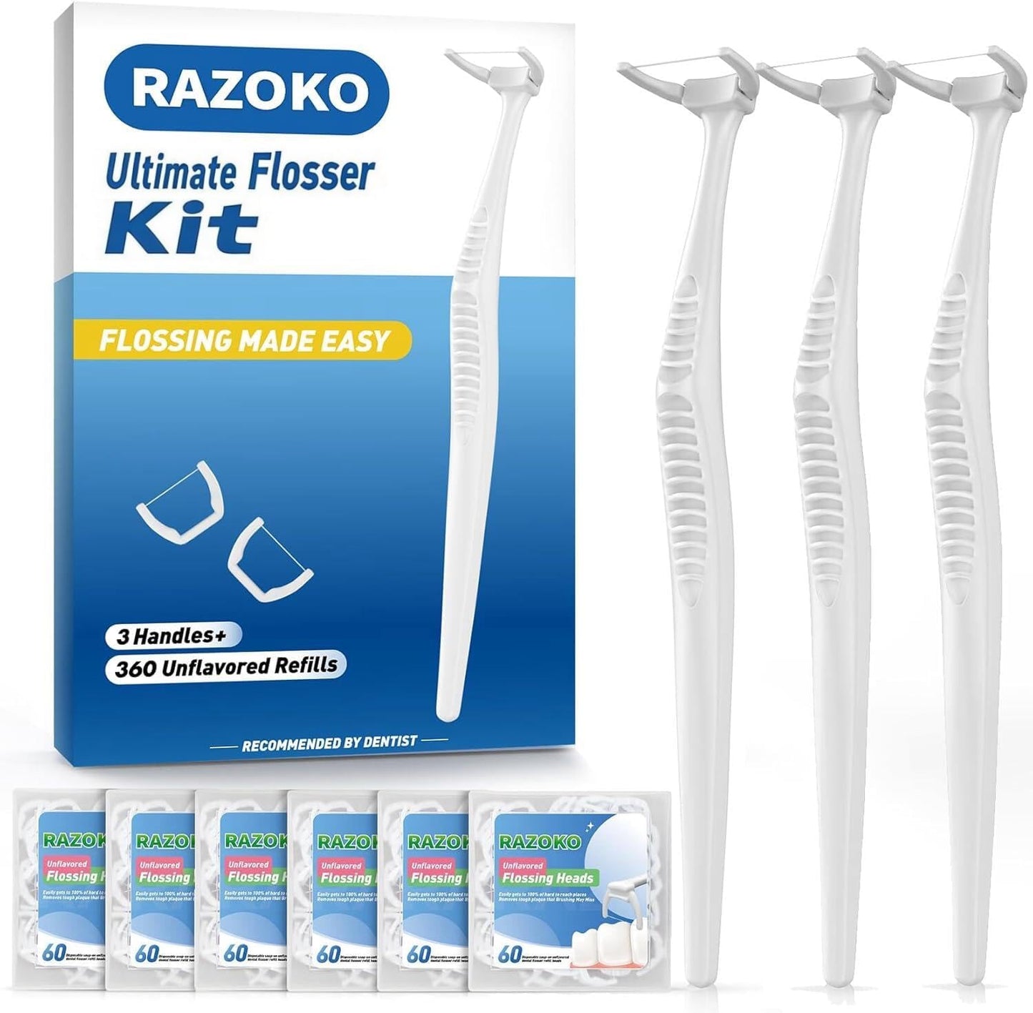 Dental Floss Picks, Clean Dental Flossers Kit with 3 Handles and 360 Extra Strength Refills