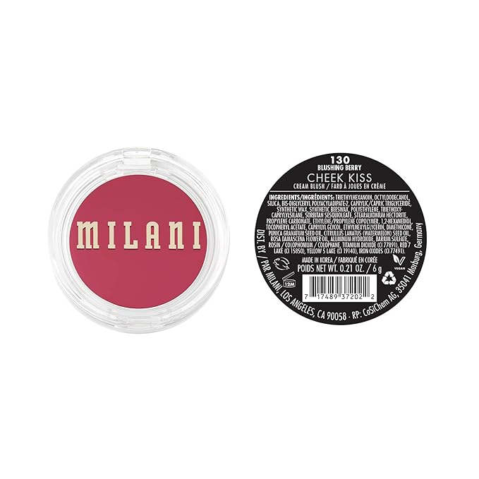 Milani Blush Makeup – Cheek Kiss Cream Blush for Cheeks, Buildable Cream-to-Gel Blusher & Lip Tint, Dewy Natural Color, Hydrating - Blushing Berry