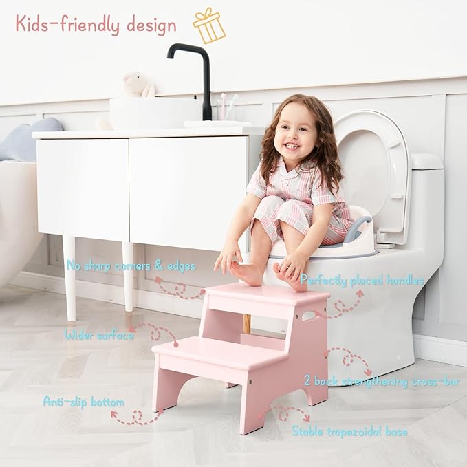 Forbena Pink Girls Toddler Step Stool for Bathroom Sink, Princess Toddler Two Step Stool for Toilet Potty Training, Baby Child Kids Stepping Stool with Handles for Bedroom Classroom Kitchen (Pink)