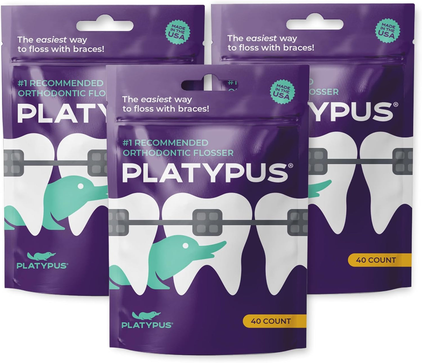 Platypus Orthodontic Flossers for Braces, 40 Count (Pack of 3), Ortho Picks for Adults & Kids, Fits Under Arch Wire, Non-Damaging, Encourage Flossing Habits