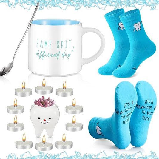 5 Pcs Christmas Dentist Thank You Gift Set for Women Dental Hygienist 15 oz Coffee Mug with Spoon Tooth Shape Candle Holder Planter Socks for Female Healthcare Worker Nurse Gifts