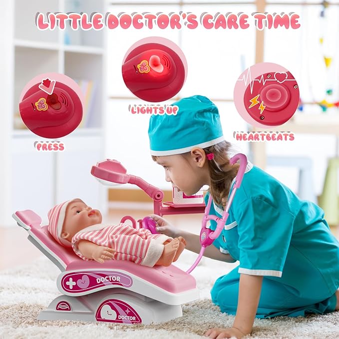 Toy Doctor Kit for Toddlers, Kids Dentist Play Set with Dentist Chair, Doll Toy, Stethoscope, Large Carrying Storage Bag, Dental Accessories, Pretend Doctor Play Medical Gift Kit for Girls(Pink