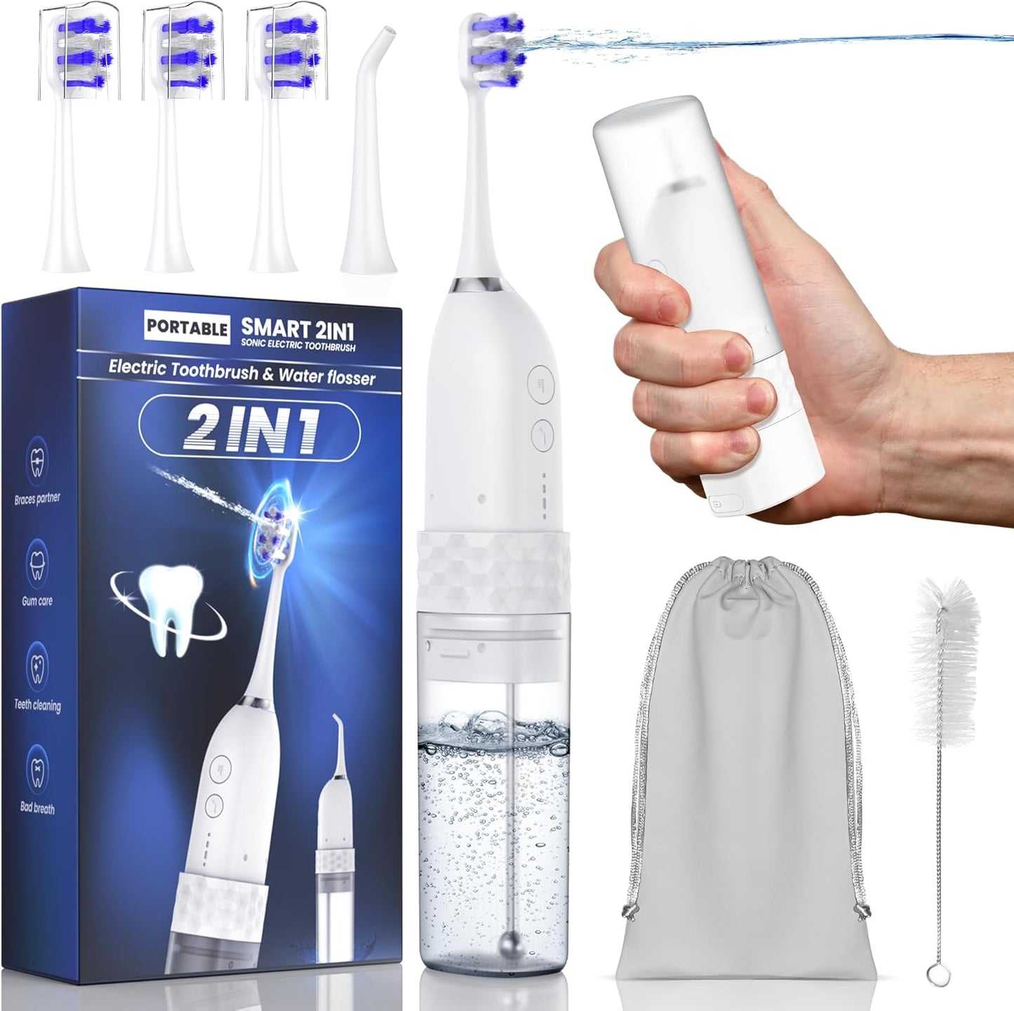Portable Water flosser with Electric Toothbrush, 2 in 1 Teeth Cleaning Kit, Electric Toothbrush and flosser Combo, Water Flosser for Travel and Home (White)