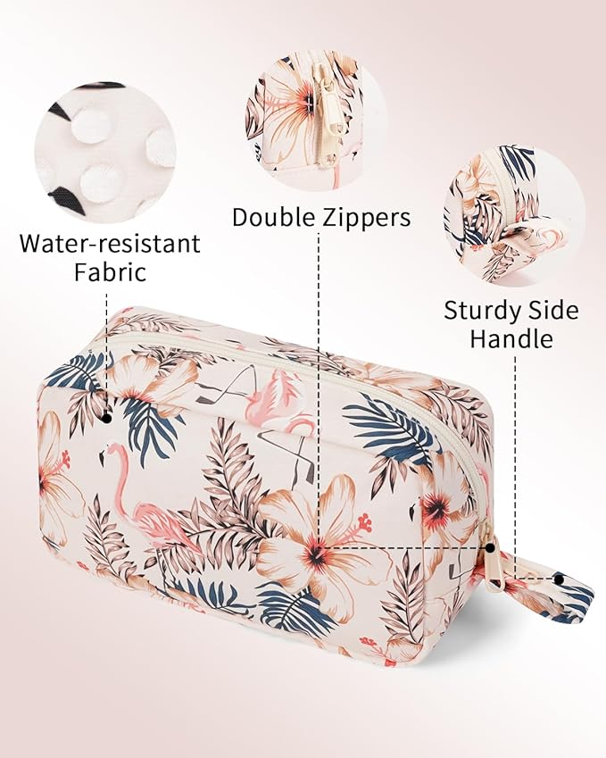 Narwey Cute Makeup Bag Small Toiletry Bag Travel Cosmetic Bag Organizer Make Up Bags with Organized Pockets for Women (Beige Flamingo, Large)