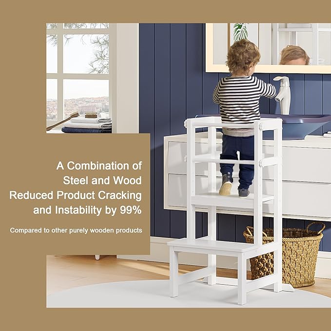Kitchen Step Stool for Toddlers, [Thicker Tube Upgraded] Anti-Tip Toddler Tower with Safety Rail, Height Adjustable Helper for Kids, Learning Tower, Kids' Desk White Bigger